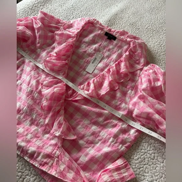 NWT J.Crew Pink Gingham Ruffle Wrap Short Sleeve Top Blouse Size L - Picture 7 of 11